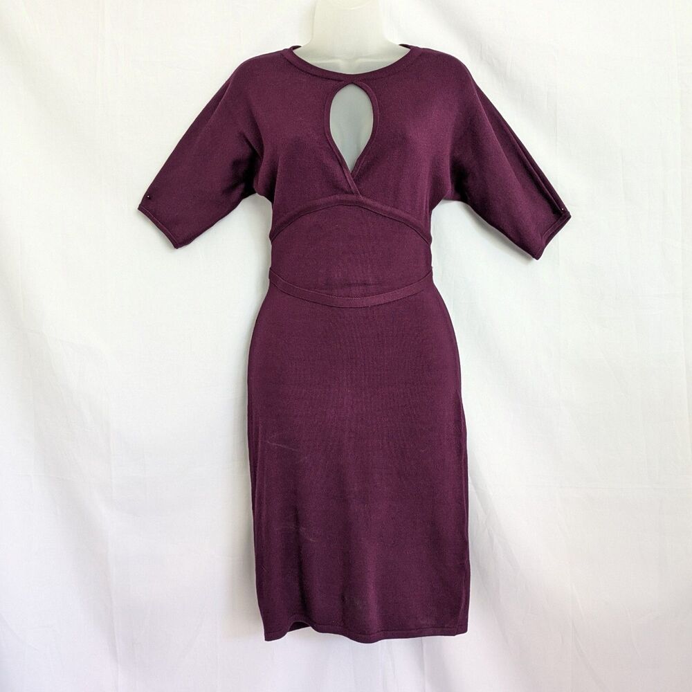BEBE Purple Plum Knit Dress Size S Keyhole Cutout Bodycon Short Sleeves - Picture 2 of 16